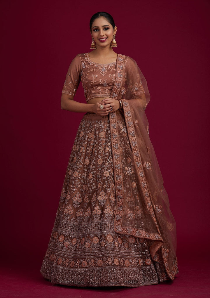 Light Brown Stonework Net Designer Semi-Stitched Lehenga - koskii