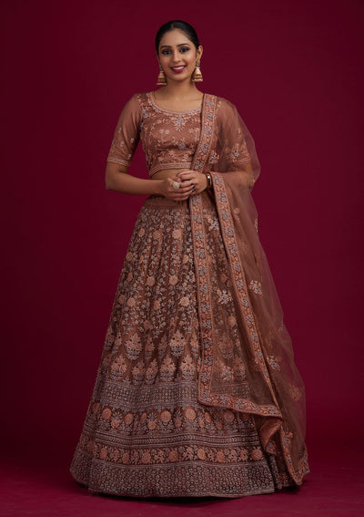 Light Brown Stonework Net Designer Semi-Stitched Lehenga - koskii