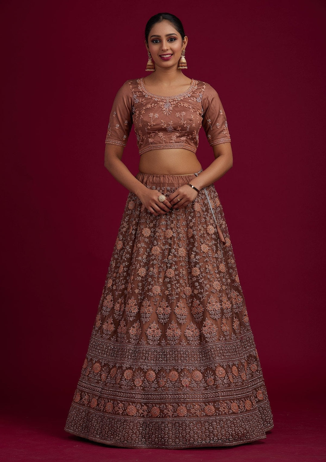 Light Brown Stonework Net Designer Semi-Stitched Lehenga - koskii