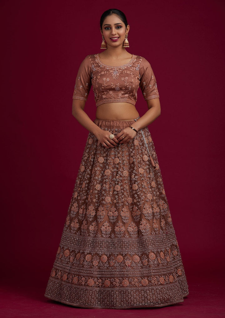 Light Brown Stonework Net Designer Semi-Stitched Lehenga - koskii