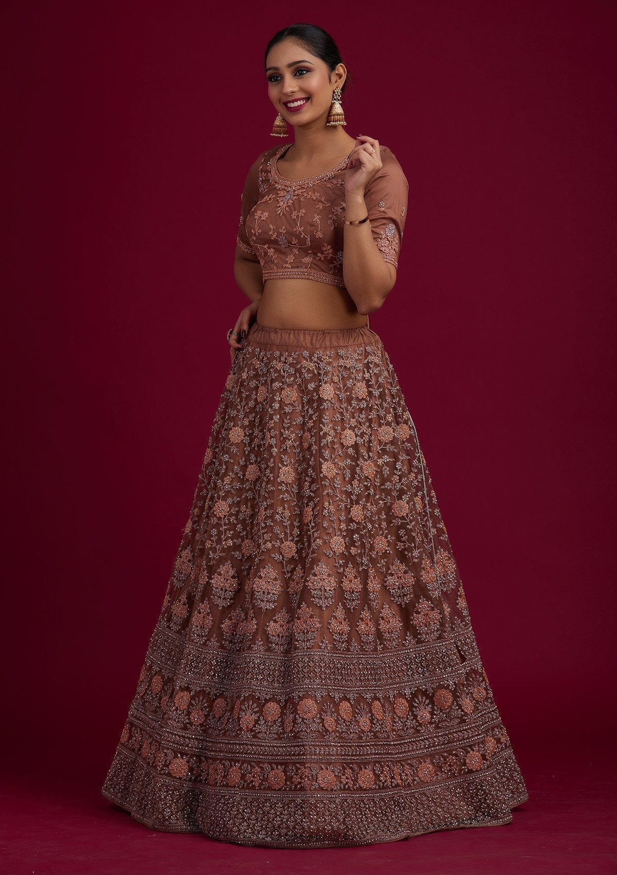 Light Brown Stonework Net Designer Semi-Stitched Lehenga - koskii