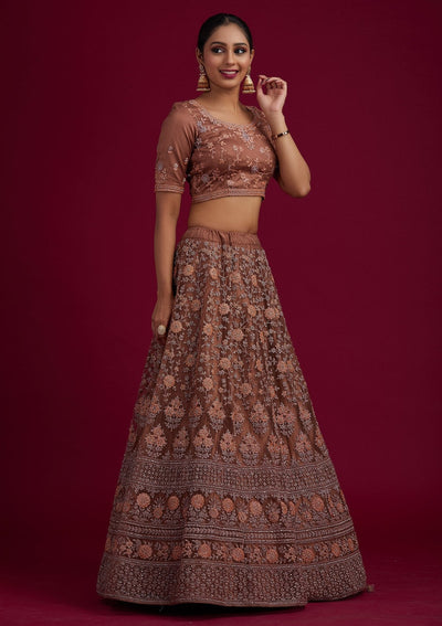 Light Brown Stonework Net Designer Semi-Stitched Lehenga - koskii