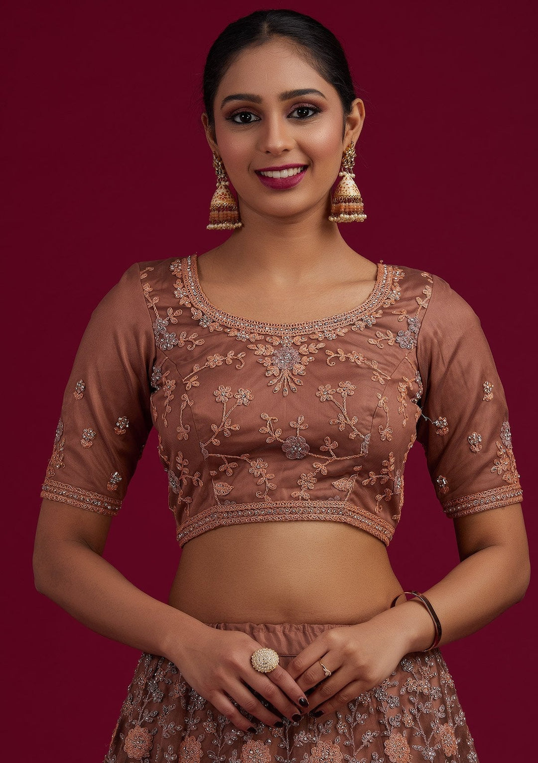 Light Brown Stonework Net Designer Semi-Stitched Lehenga - koskii