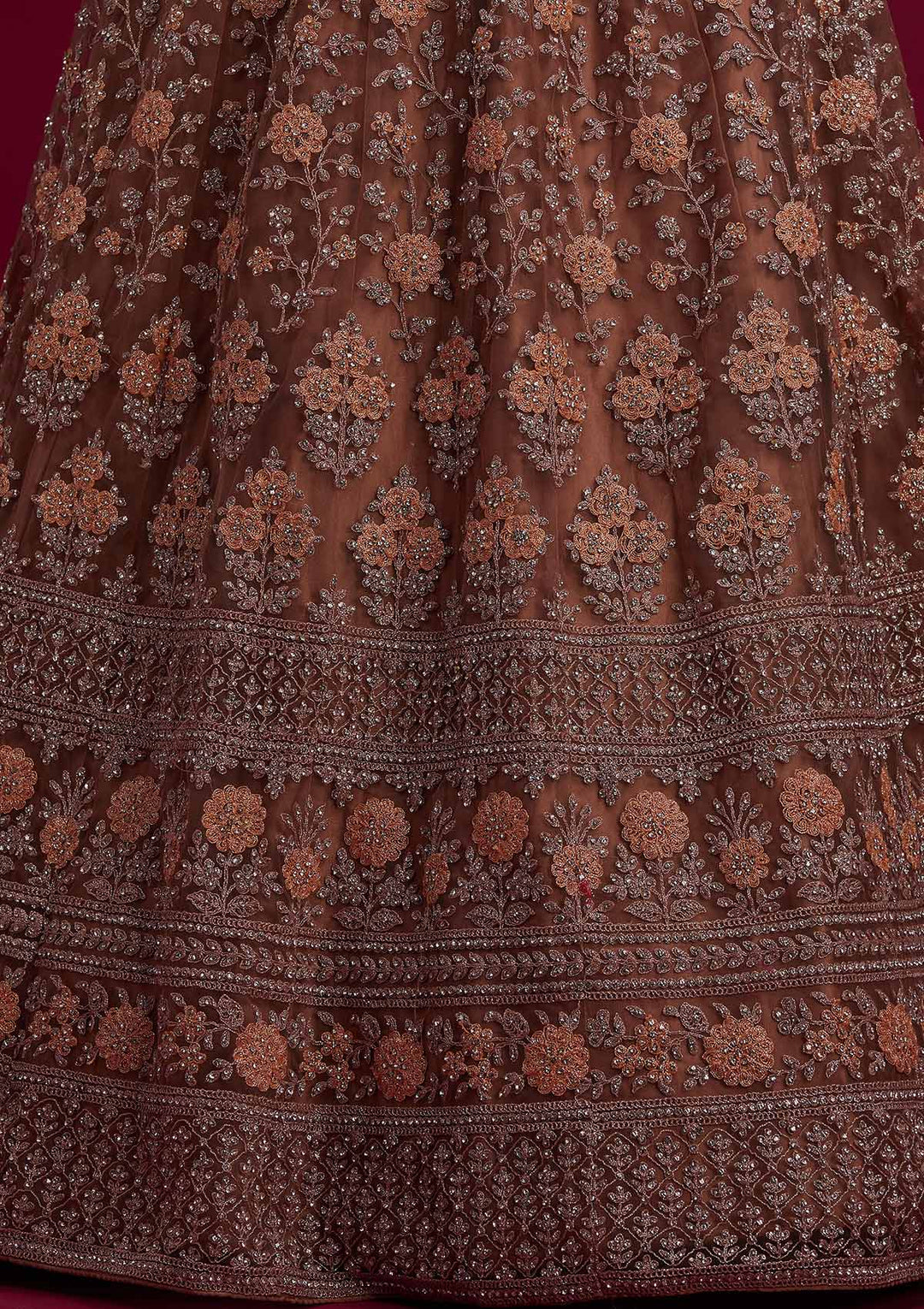 Light Brown Stonework Net Designer Semi-Stitched Lehenga - koskii
