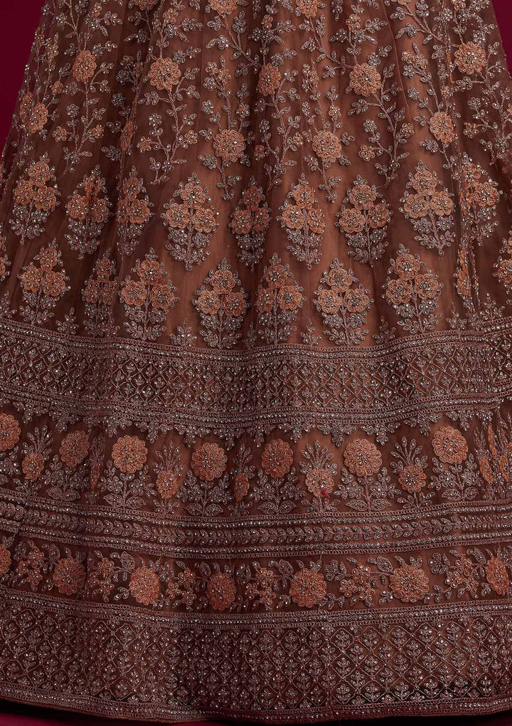 Light Brown Stonework Net Designer Semi-Stitched Lehenga - koskii
