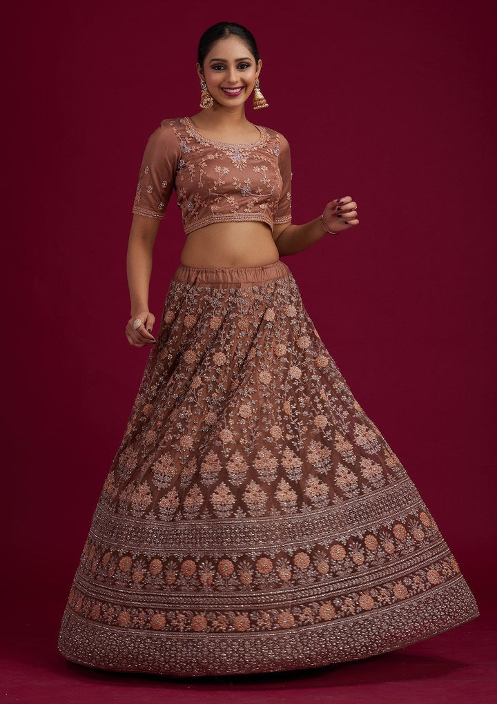 Light Brown Stonework Net Designer Semi-Stitched Lehenga - koskii