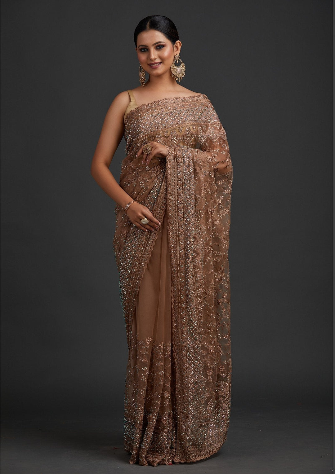 Light Brown Stonework Net Designer Saree - koskii