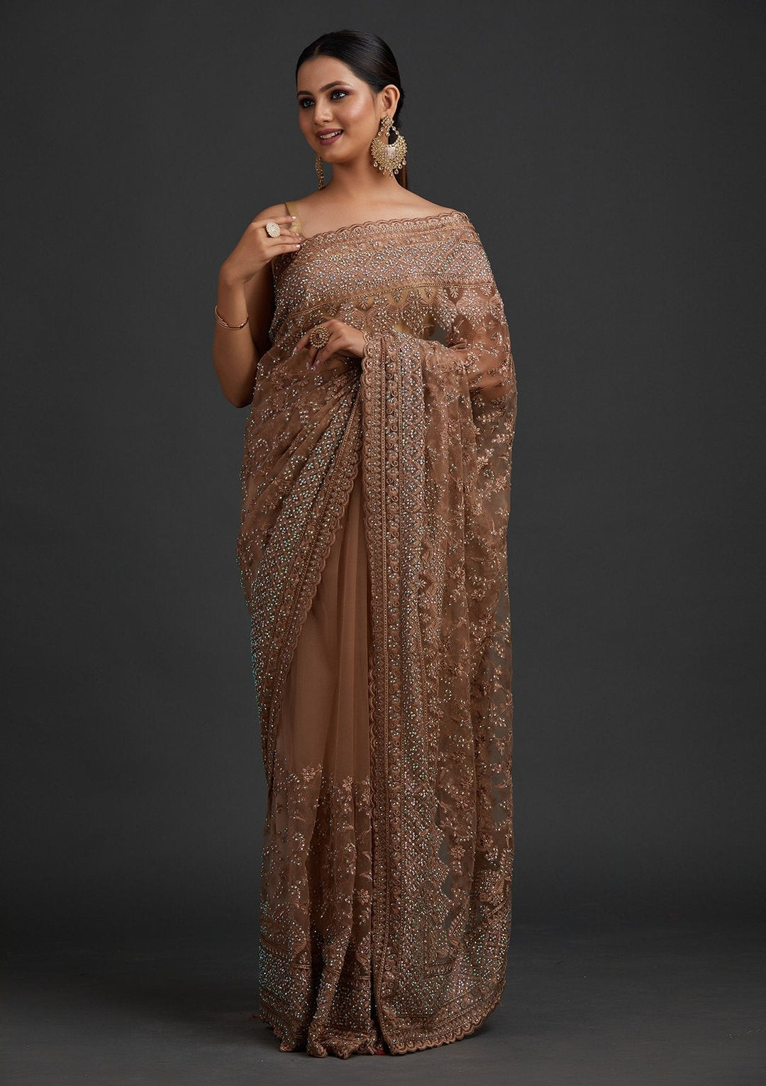 Light Brown Stonework Net Designer Saree - koskii