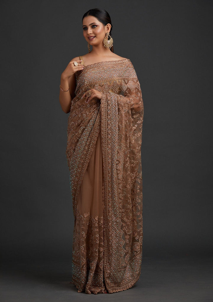 Light Brown Stonework Net Designer Saree - koskii
