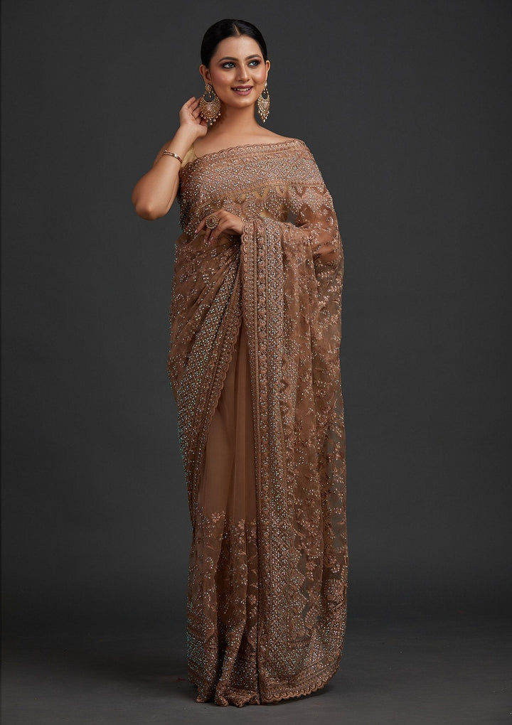 Light Brown Stonework Net Designer Saree - koskii