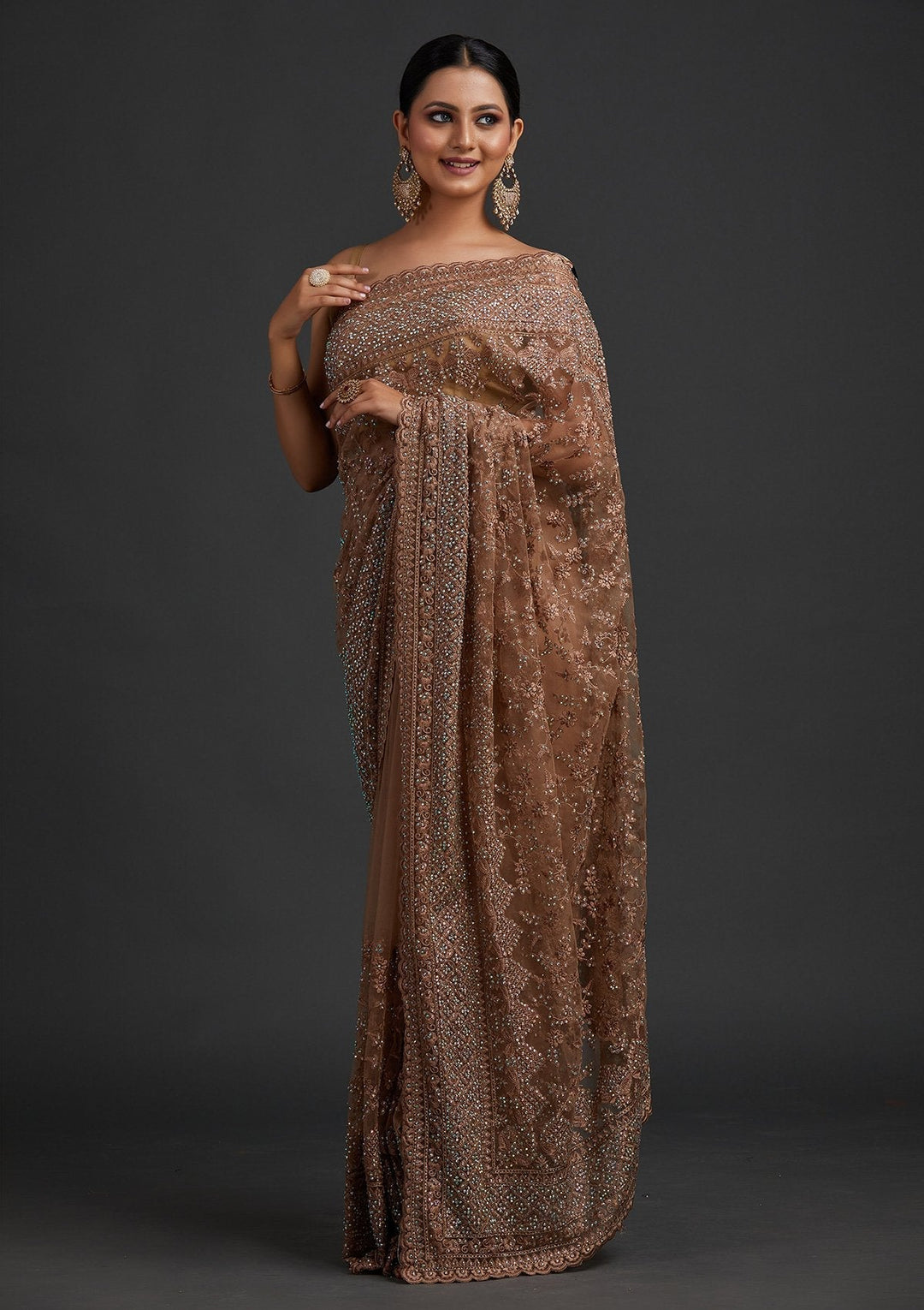 Light Brown Stonework Net Designer Saree - koskii
