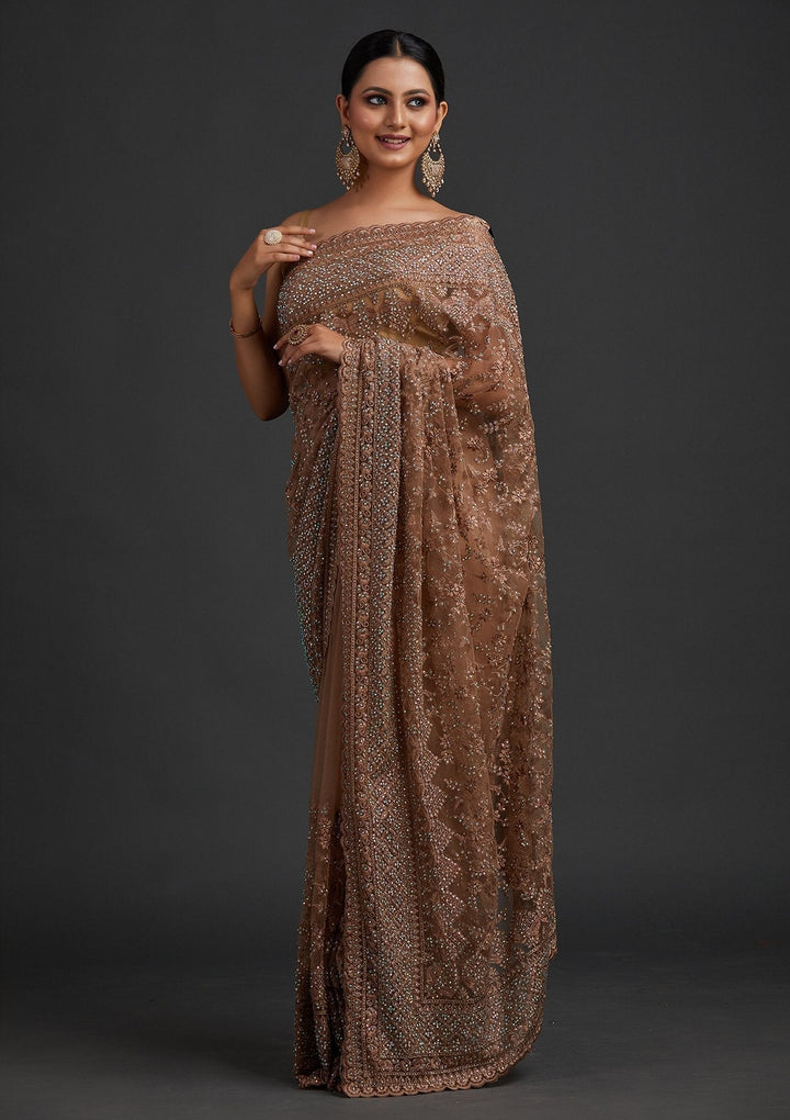 Light Brown Stonework Net Designer Saree - koskii
