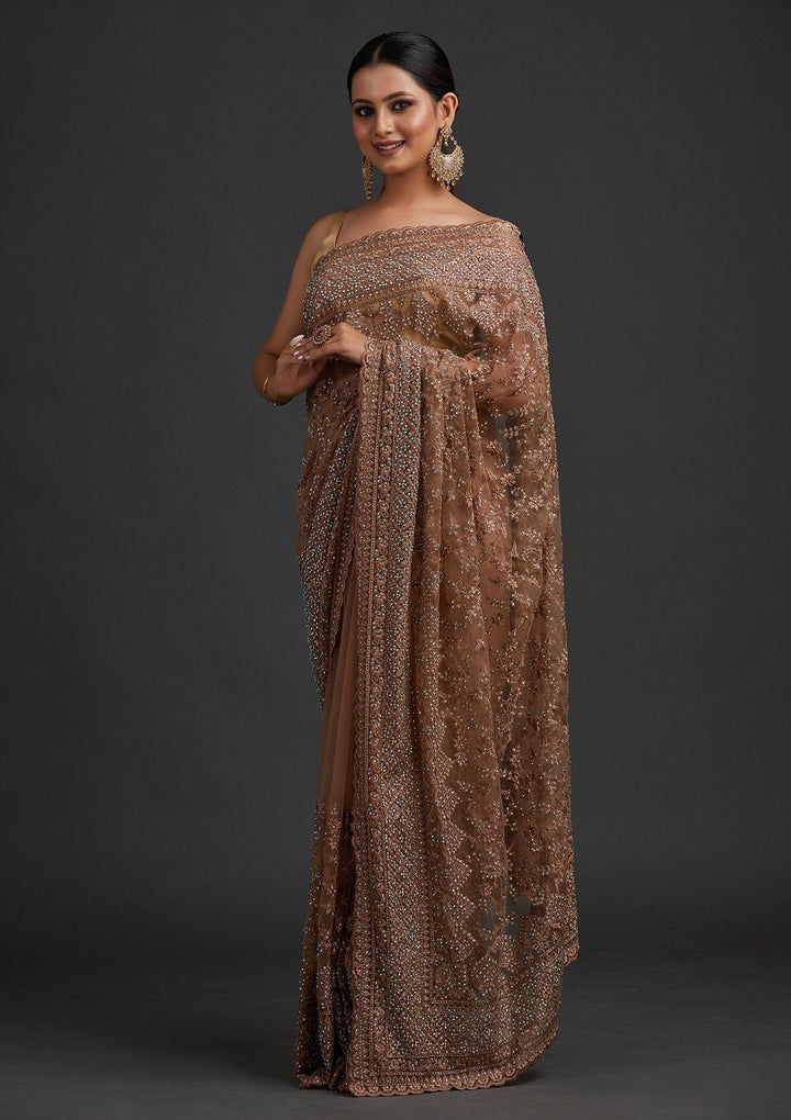 Light Brown Stonework Net Designer Saree - koskii