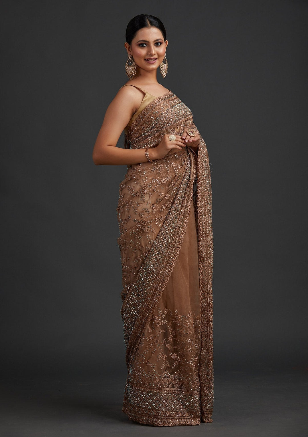 Light Brown Stonework Net Designer Saree - koskii