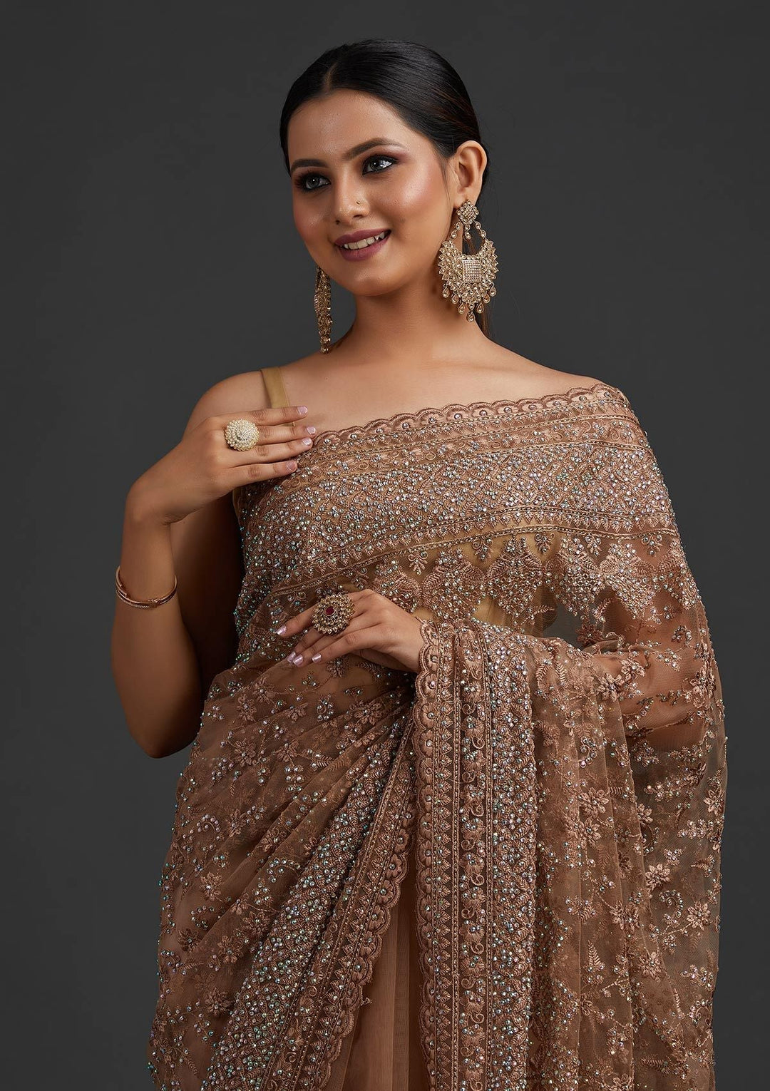 Light Brown Stonework Net Designer Saree - koskii