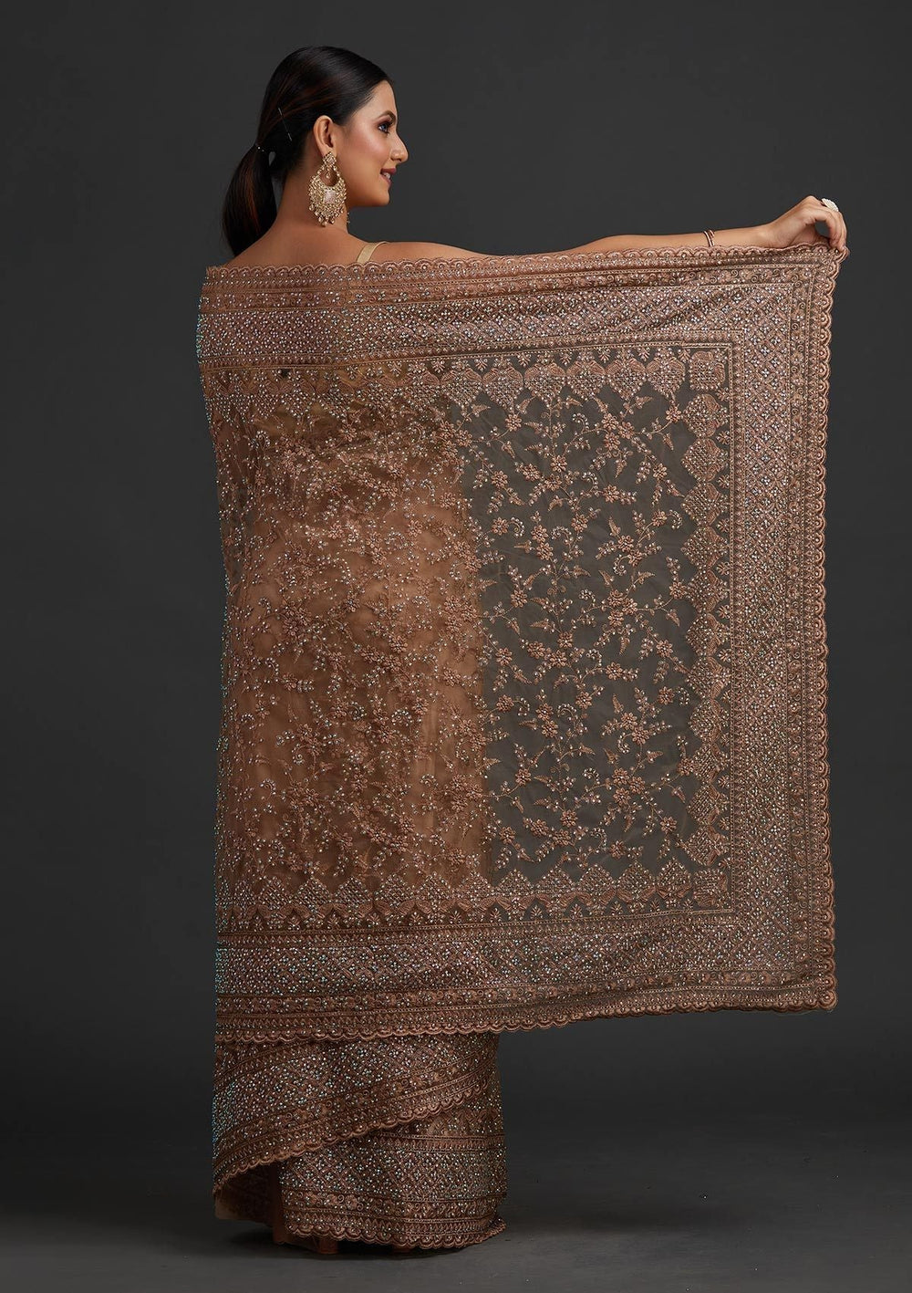 Light Brown Stonework Net Designer Saree - koskii
