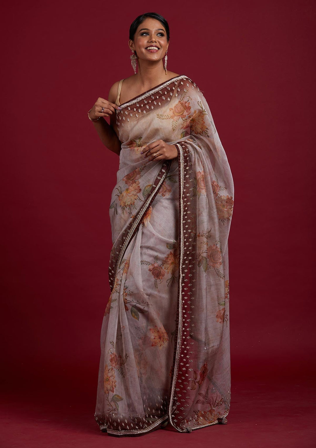 Light Brown Stonework Tissue Designer Saree - Koskii
