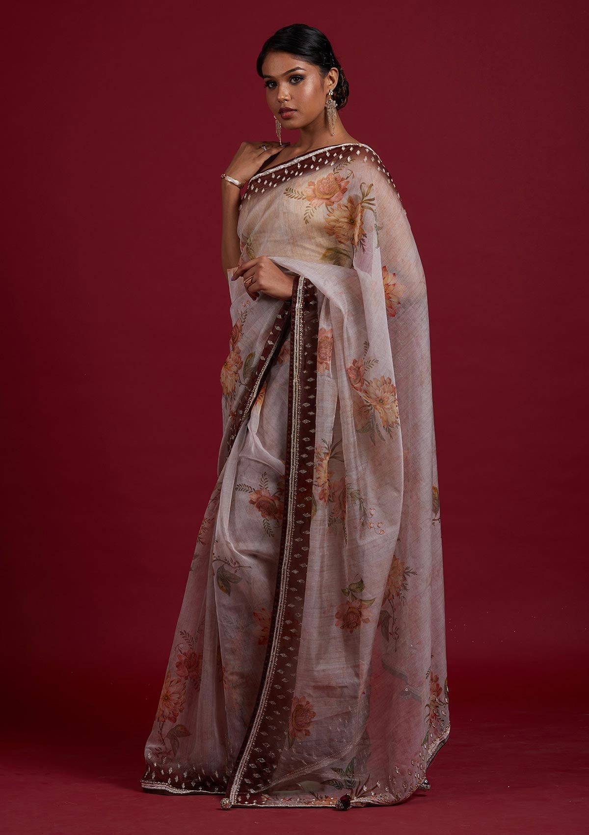 Light Brown Stonework Tissue Designer Saree - Koskii