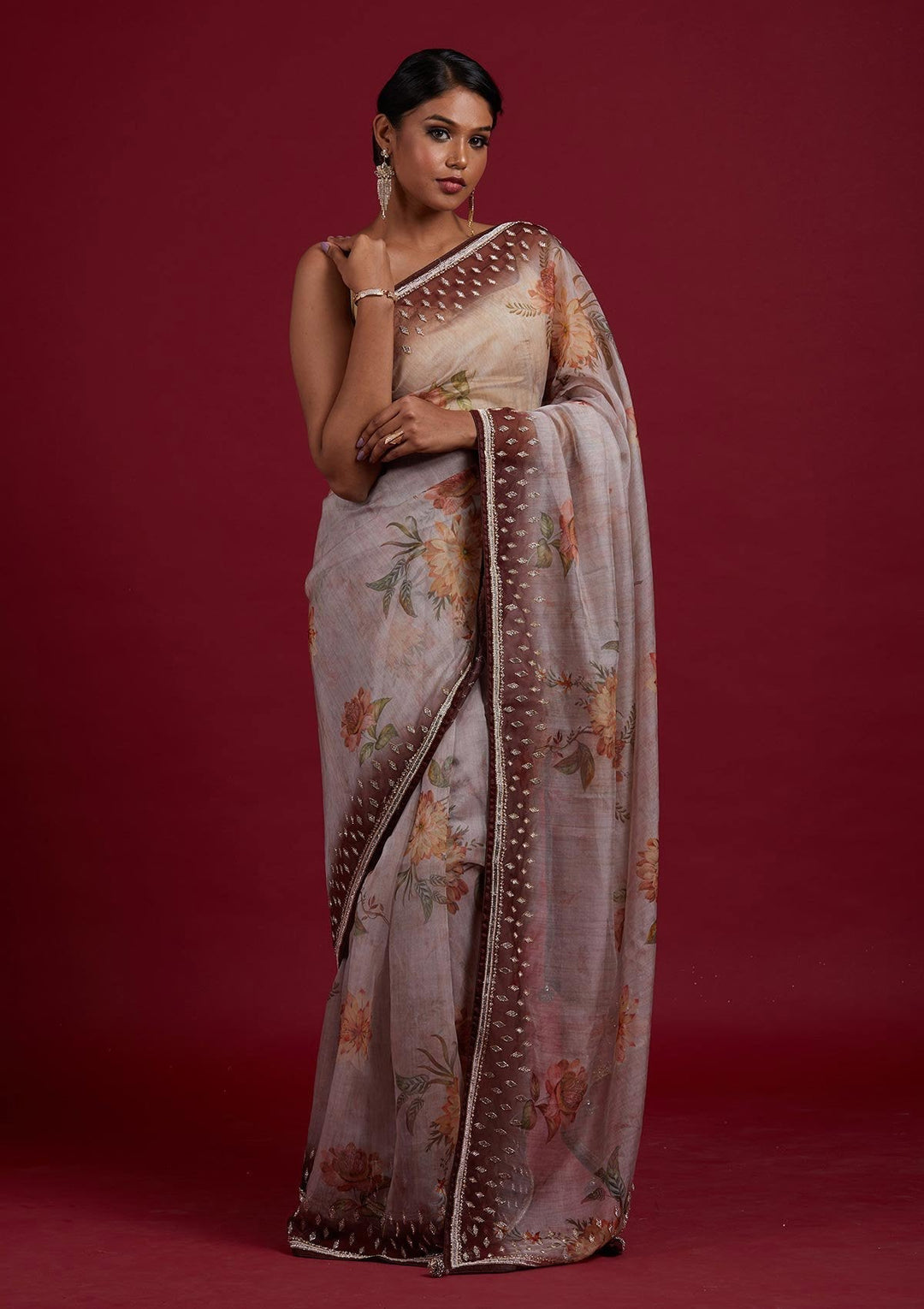 Light Brown Stonework Tissue Designer Saree - Koskii