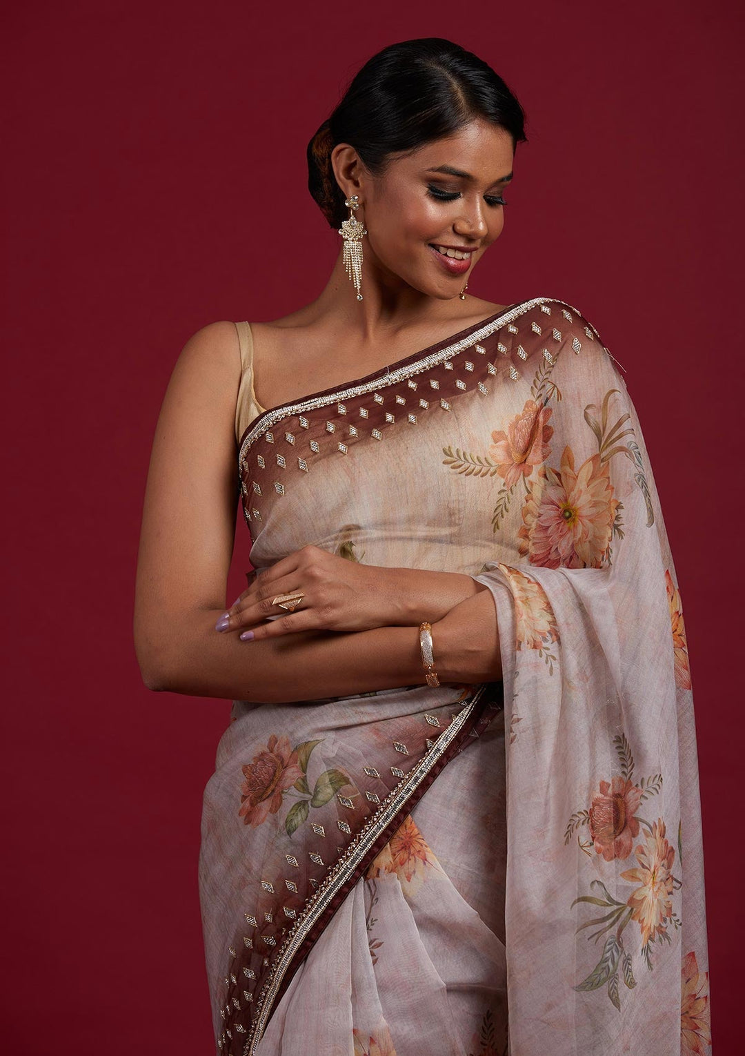Light Brown Stonework Tissue Designer Saree - Koskii