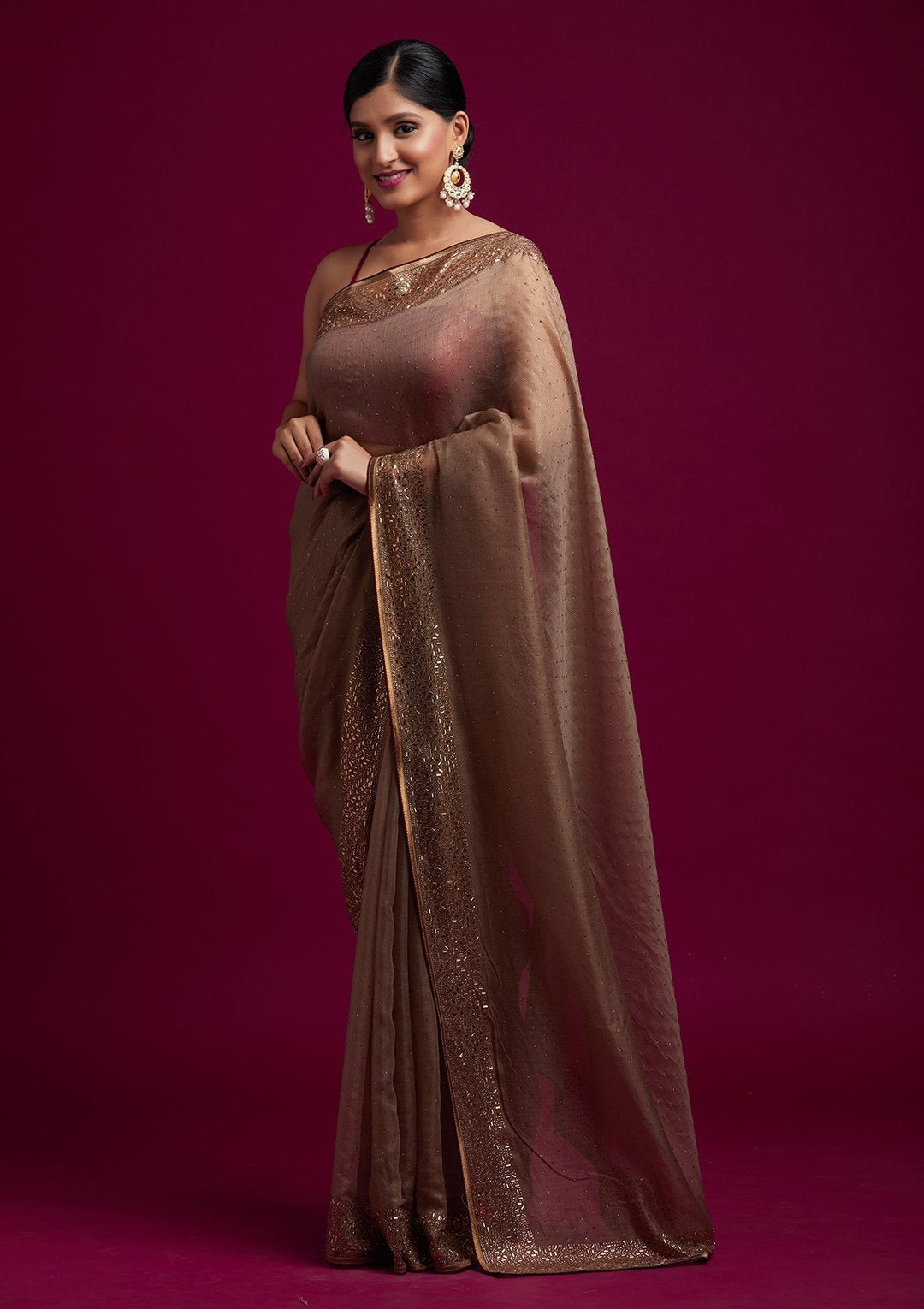 Light Brown Swarovski Tissue Designer Saree - koskii