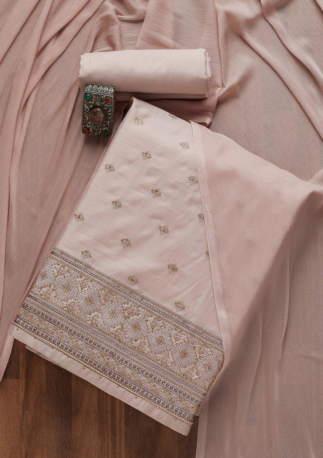 Light Brown Threadwork Chanderi Unstitched Salwar Suit- Koskii