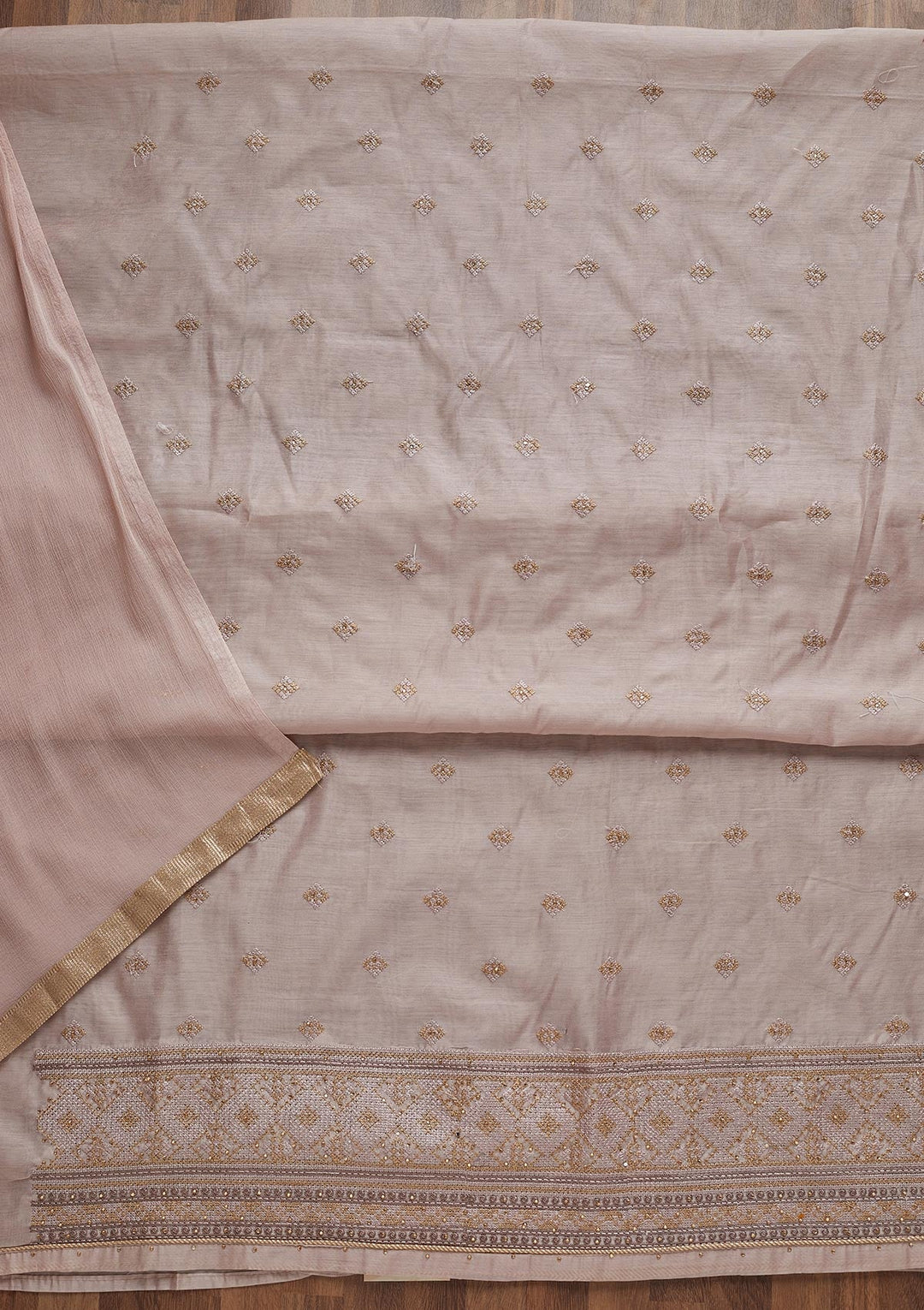 Light Brown Threadwork Chanderi Unstitched Salwar Suit - Koskii