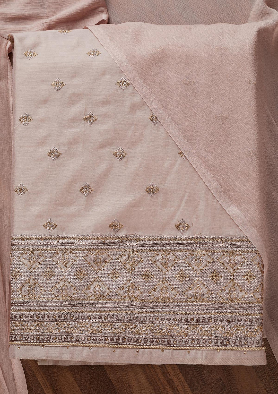 Light Brown Threadwork Chanderi Unstitched Salwar Suit - Koskii