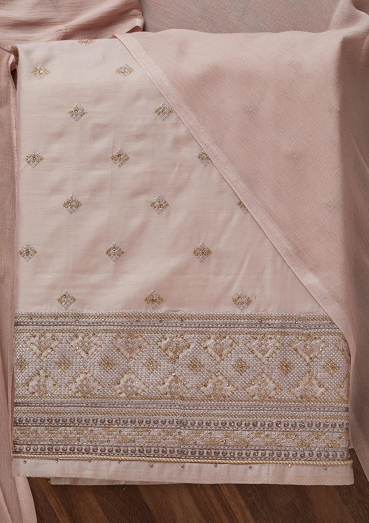 Light Brown Threadwork Chanderi Unstitched Salwar Suit - Koskii