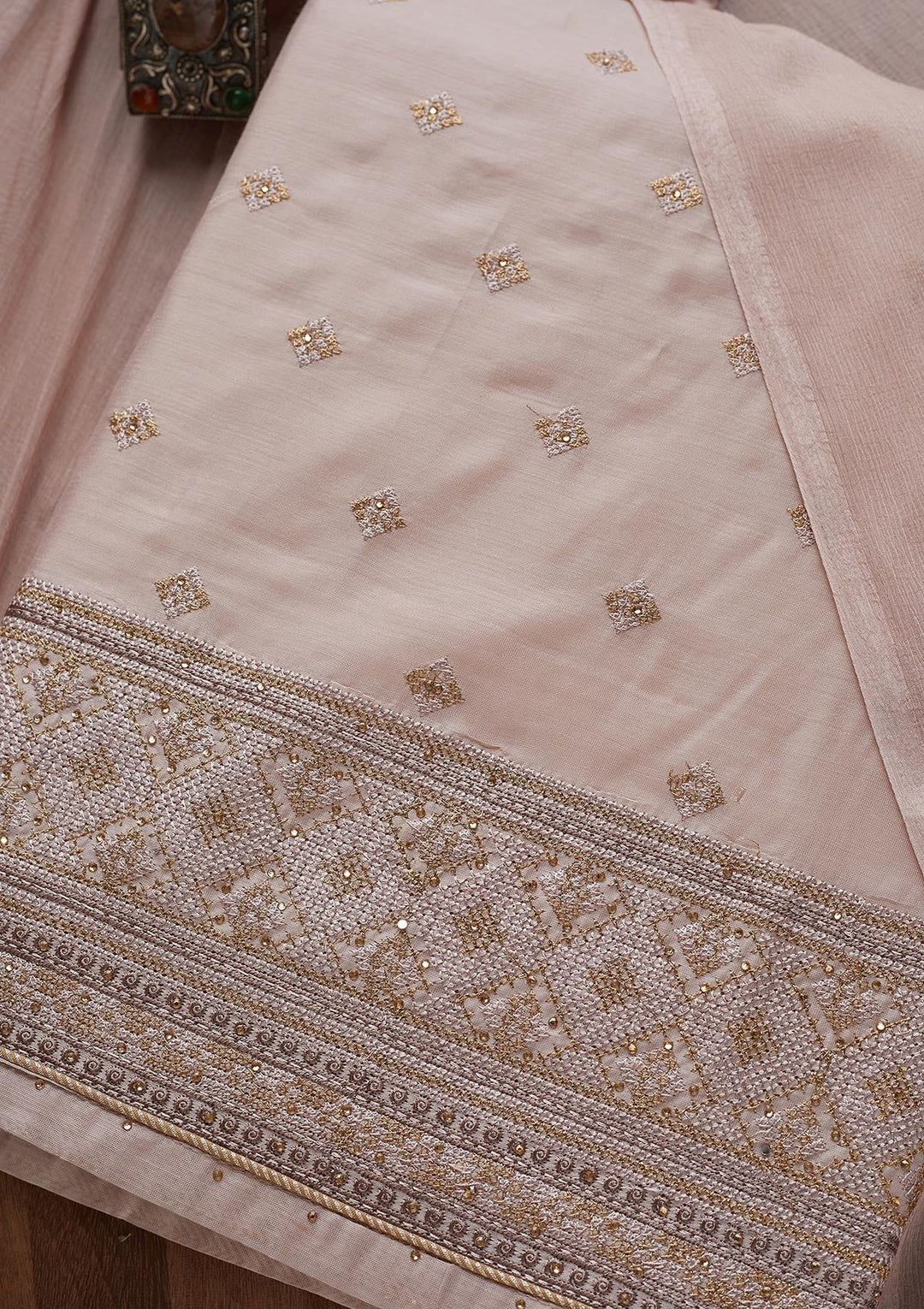 Light Brown Threadwork Chanderi Unstitched Salwar Suit - Koskii