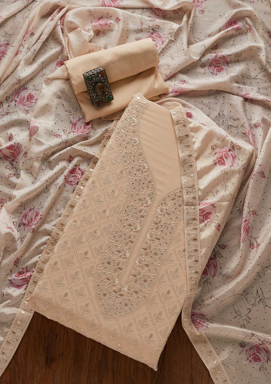 Light Brown Threadwork Georgette Designer Unstitched Salwar Suit - koskii
