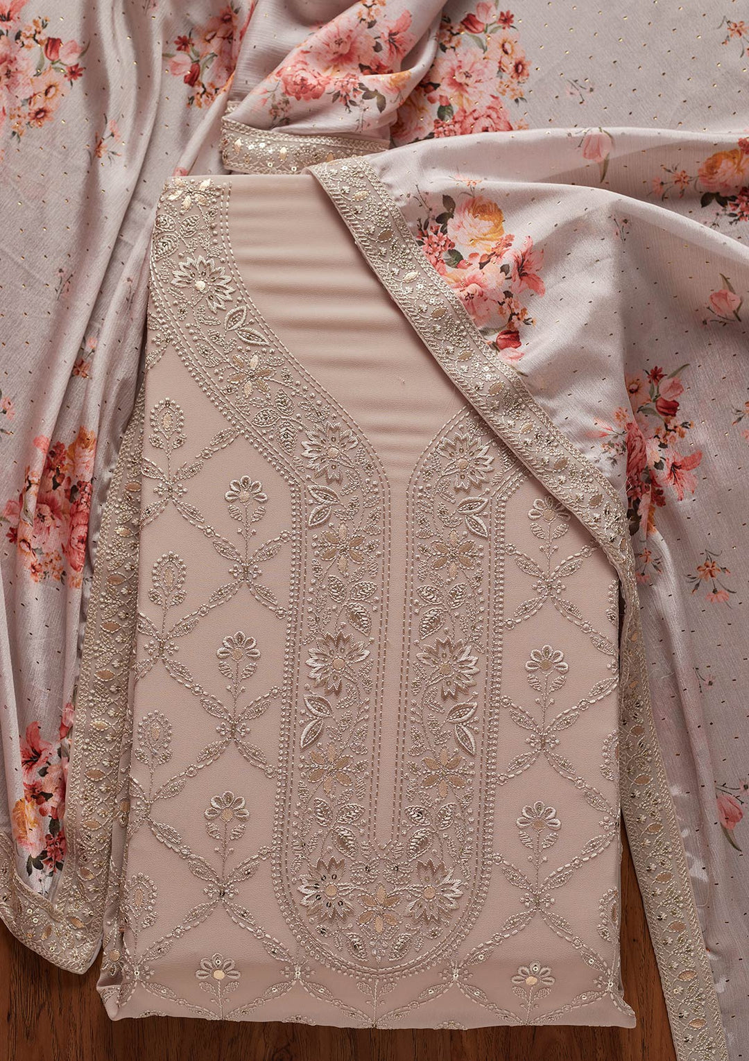 Light Brown Threadwork Georgette Designer Unstitched Salwar Suit - koskii