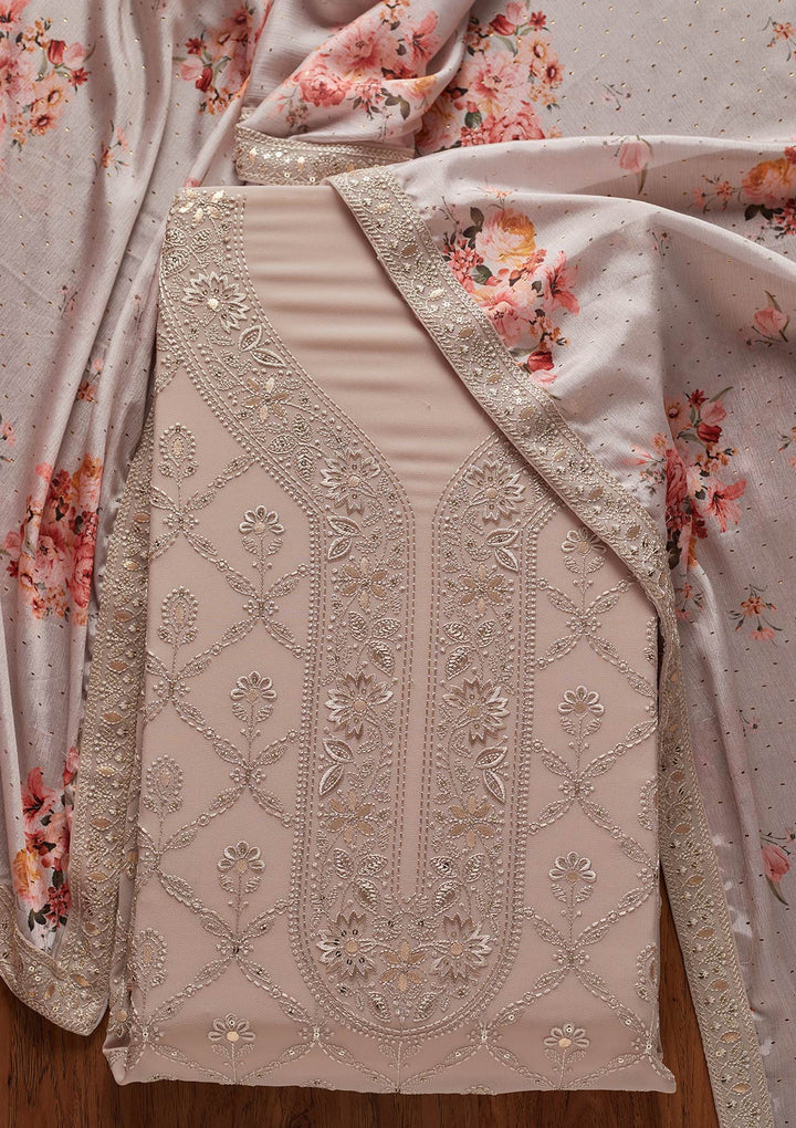 Light Brown Threadwork Georgette Designer Unstitched Salwar Suit - koskii