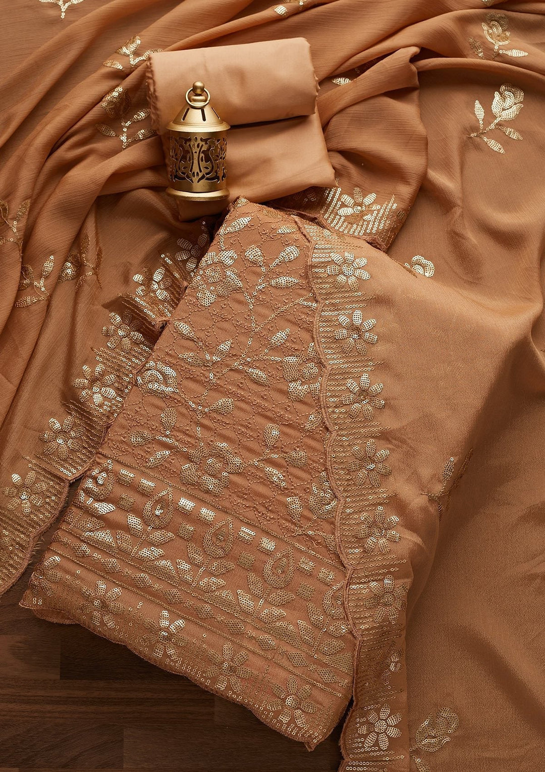 Light Brown Threadwork Georgette Designer Unstitched Salwar Suit - Koskii