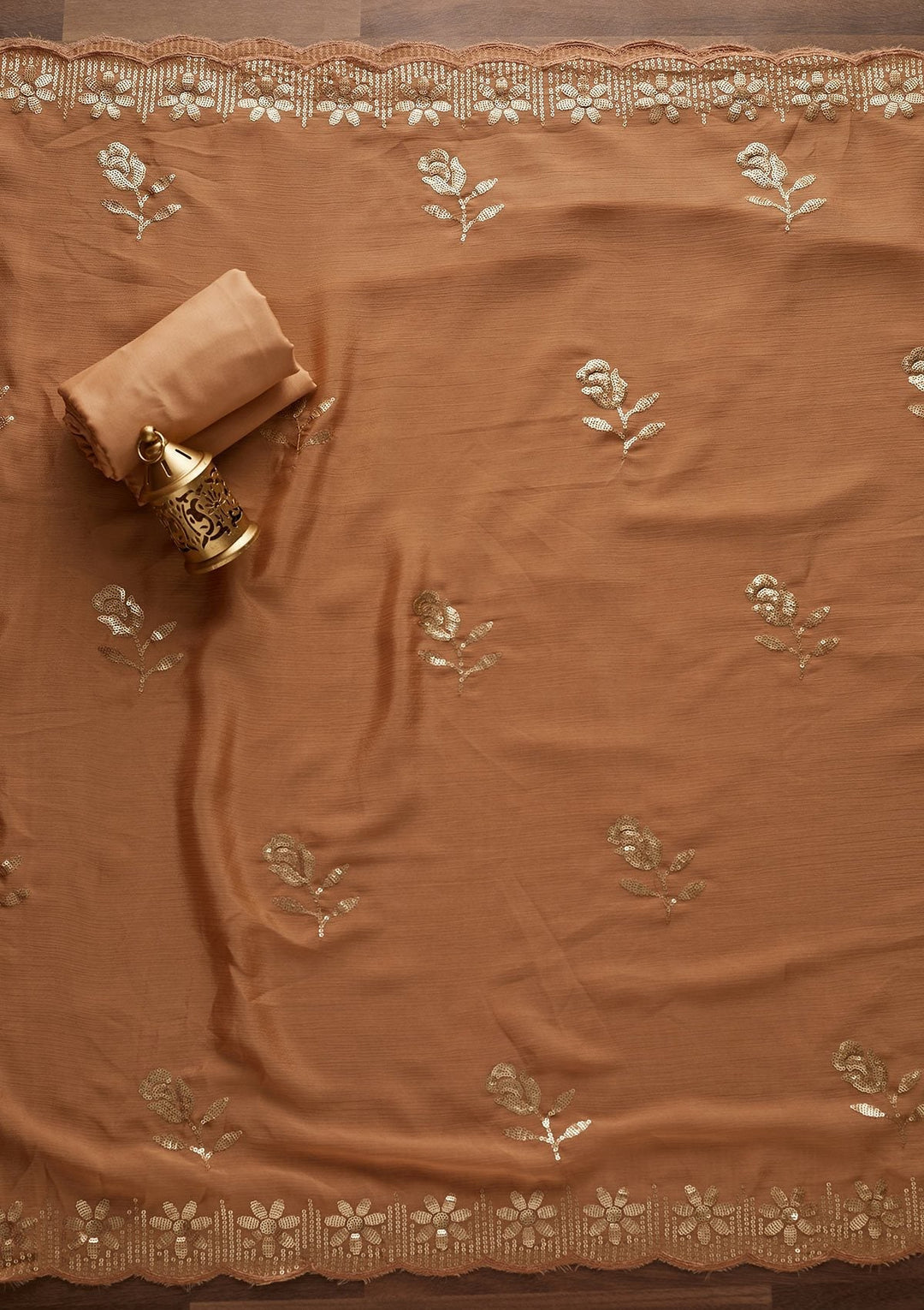 Light Brown Threadwork Georgette Designer Unstitched Salwar Suit - Koskii