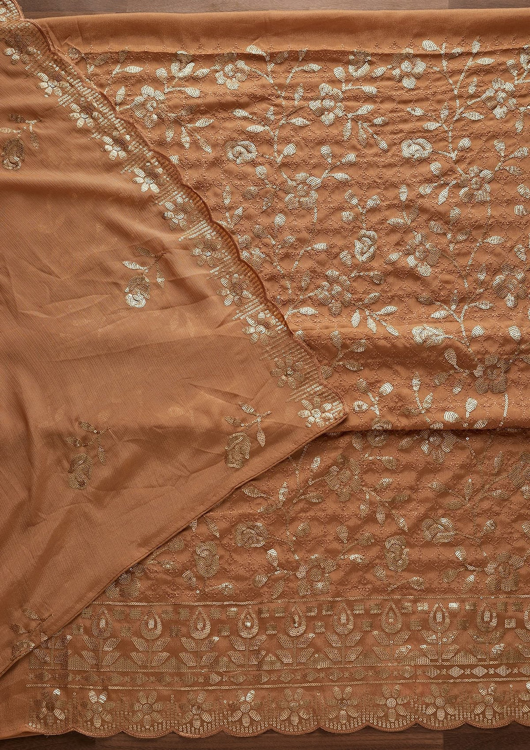 Light Brown Threadwork Georgette Designer Unstitched Salwar Suit - Koskii
