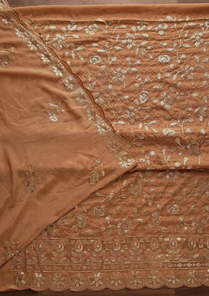 Light Brown Threadwork Georgette Designer Unstitched Salwar Suit - Koskii