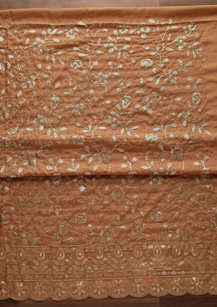 Light Brown Threadwork Georgette Designer Unstitched Salwar Suit - Koskii