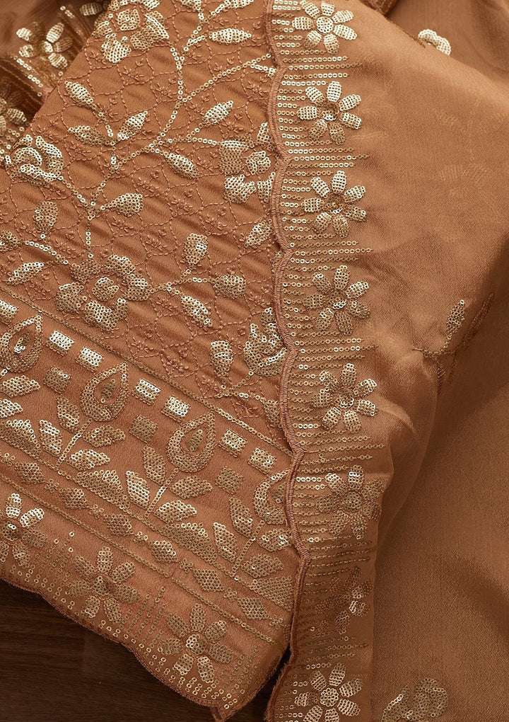 Light Brown Threadwork Georgette Designer Unstitched Salwar Suit - Koskii