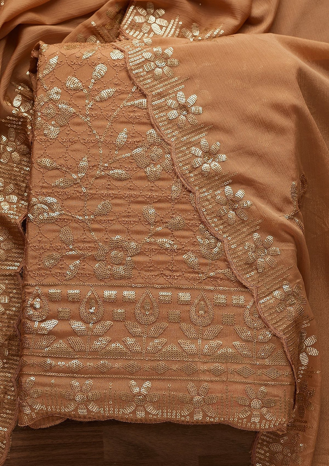 Light Brown Threadwork Georgette Designer Unstitched Salwar Suit - Koskii