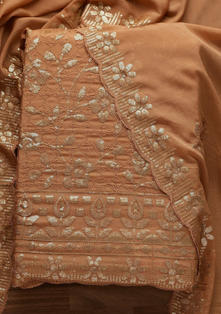 Light Brown Threadwork Georgette Designer Unstitched Salwar Suit - Koskii