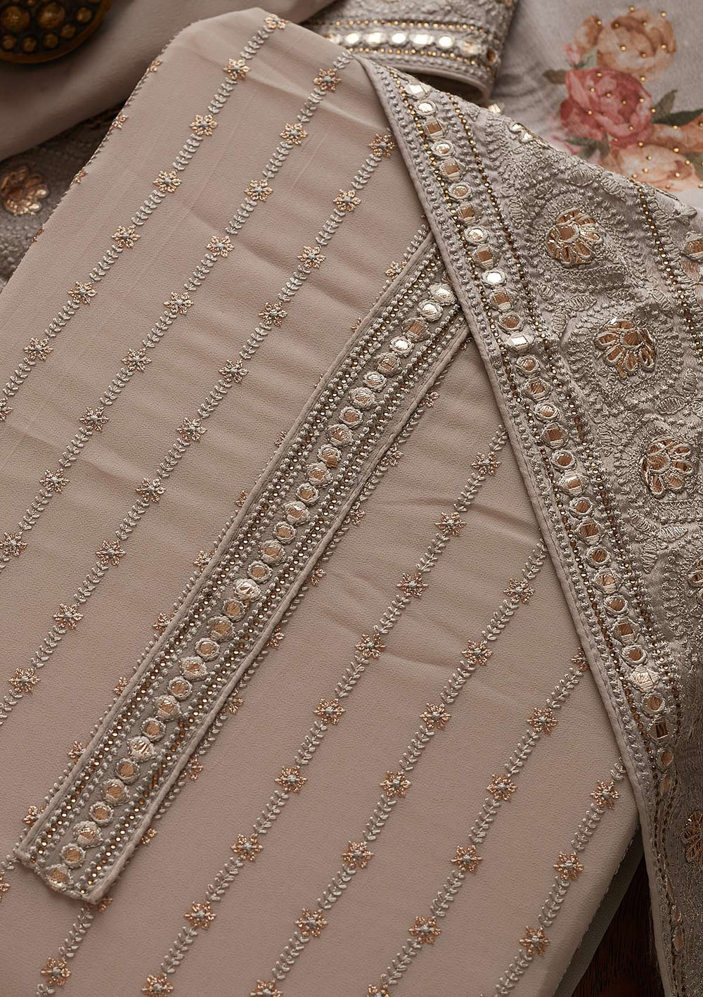 Light Brown Threadwork Georgette Designer Unstitched Salwar Suit - koskii