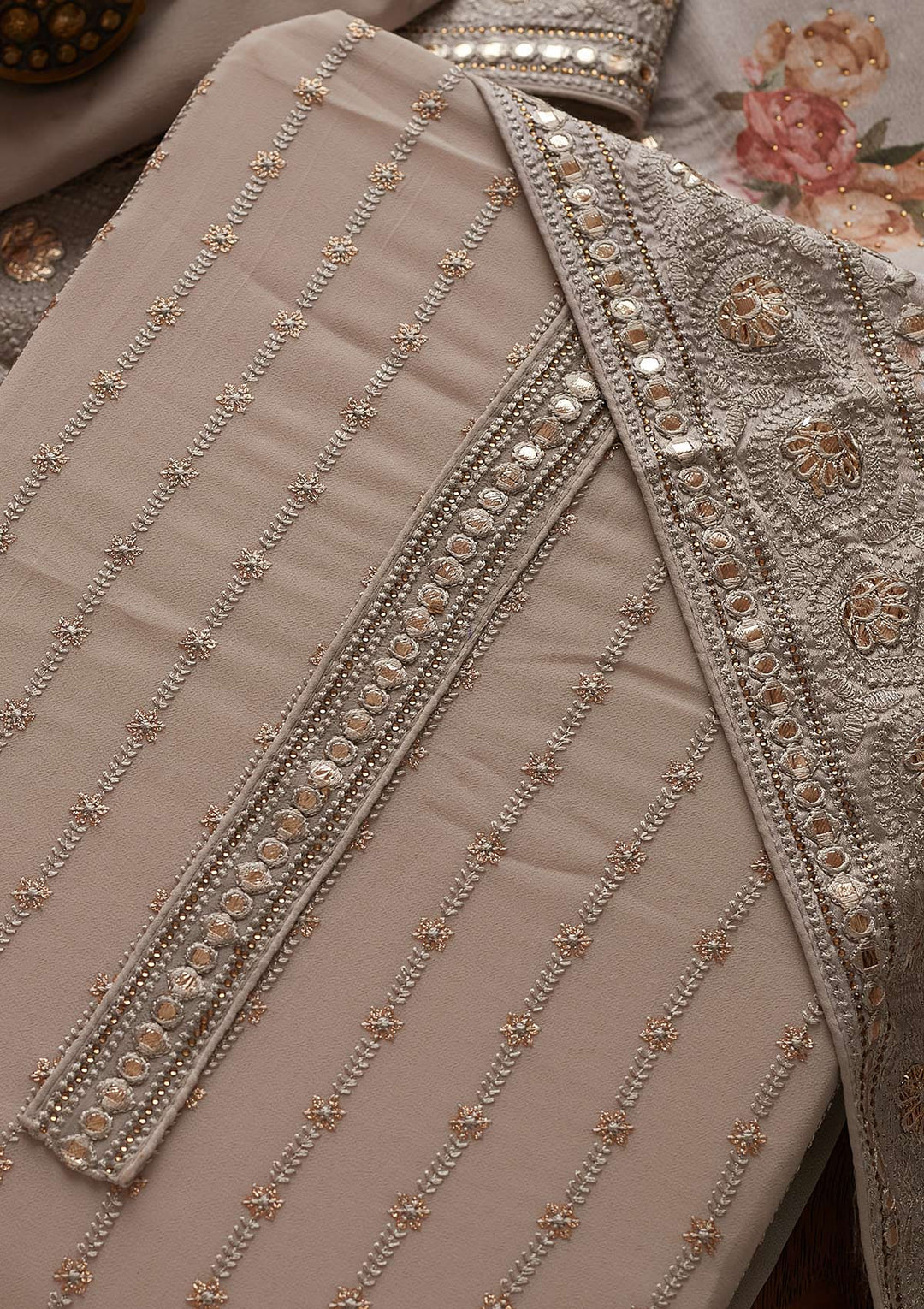 Light Brown Threadwork Georgette Designer Unstitched Salwar Suit - koskii