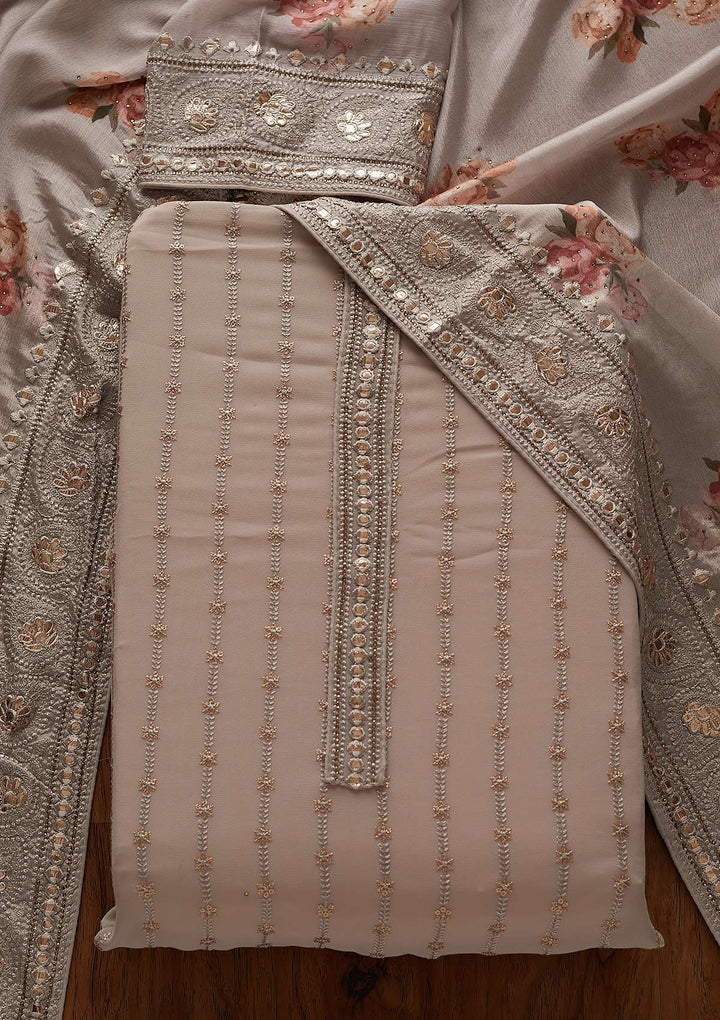 Light Brown Threadwork Georgette Designer Unstitched Salwar Suit - koskii