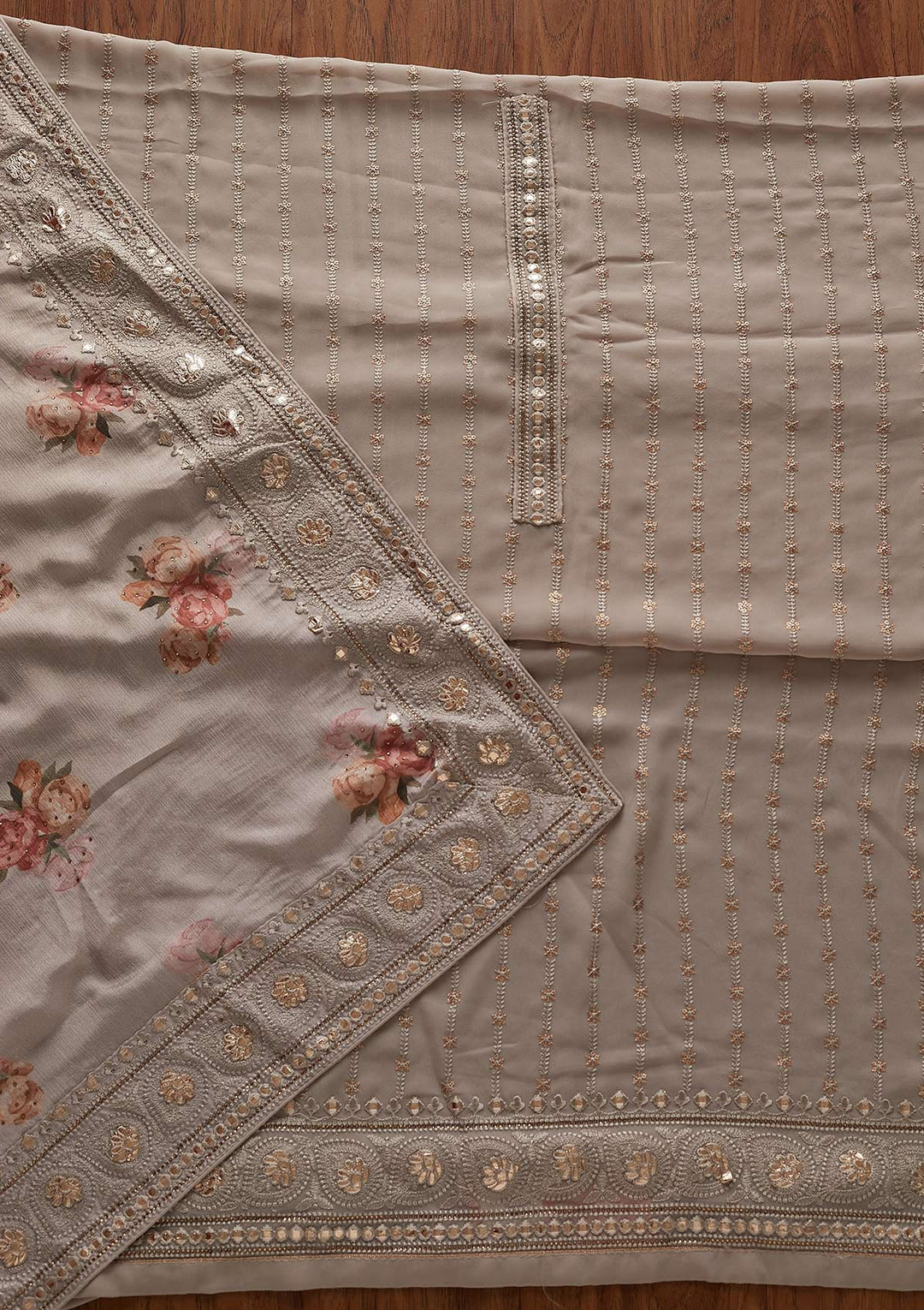 Light Brown Threadwork Georgette Designer Unstitched Salwar Suit - koskii