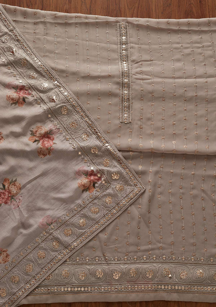 Light Brown Threadwork Georgette Designer Unstitched Salwar Suit - koskii