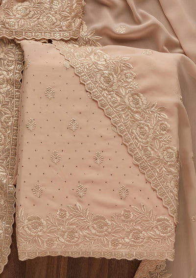 Light Brown Threadwork Georgette  Unstitched Salwar Suit - Koskii