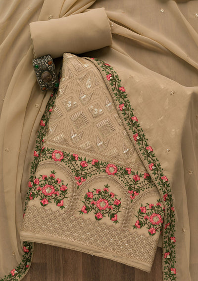 Light Brown Threadwork Georgette Unstitched Salwar Suit-Koskii