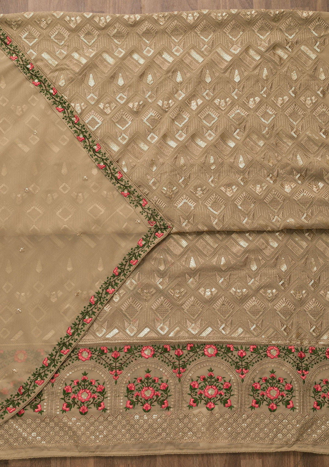 Light Brown Threadwork Georgette Unstitched Salwar Suit-Koskii
