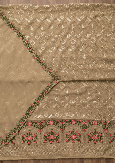 Light Brown Threadwork Georgette Unstitched Salwar Suit-Koskii
